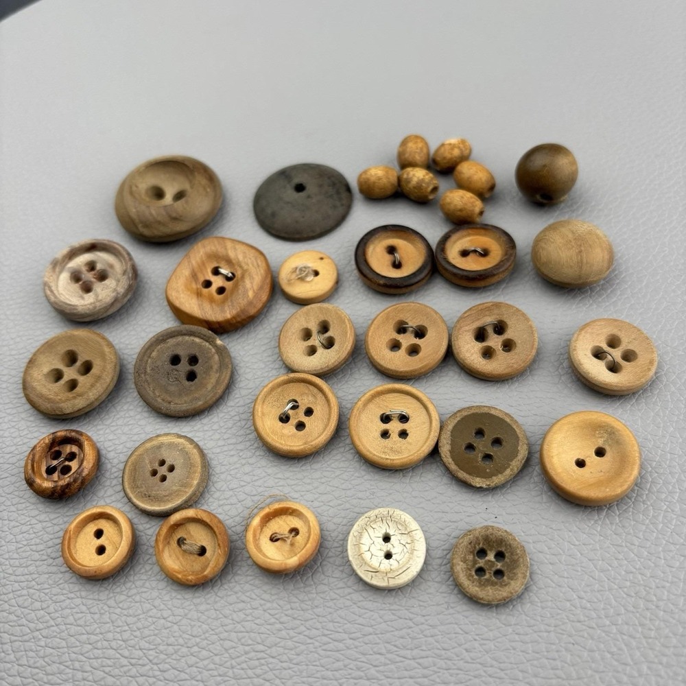 Vintage Natural Wood Button Lot • Rustic Carved‎ & Turned Mixed Set 30+